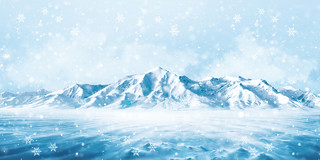 蓝色唯美手绘雪山冰山山峰下雪展板背景